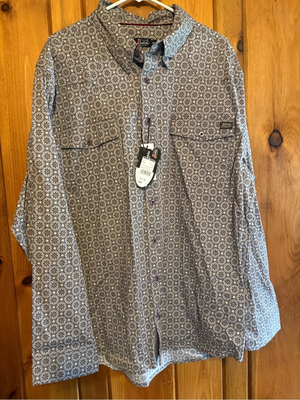 Justin Boots Gray/Purple Floral-Pattern Button-Down Shirt